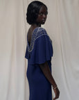 Vintage 1940s Beaded Navy Crepe Gown | Old Hollywood Evening Bias Cut Dress
