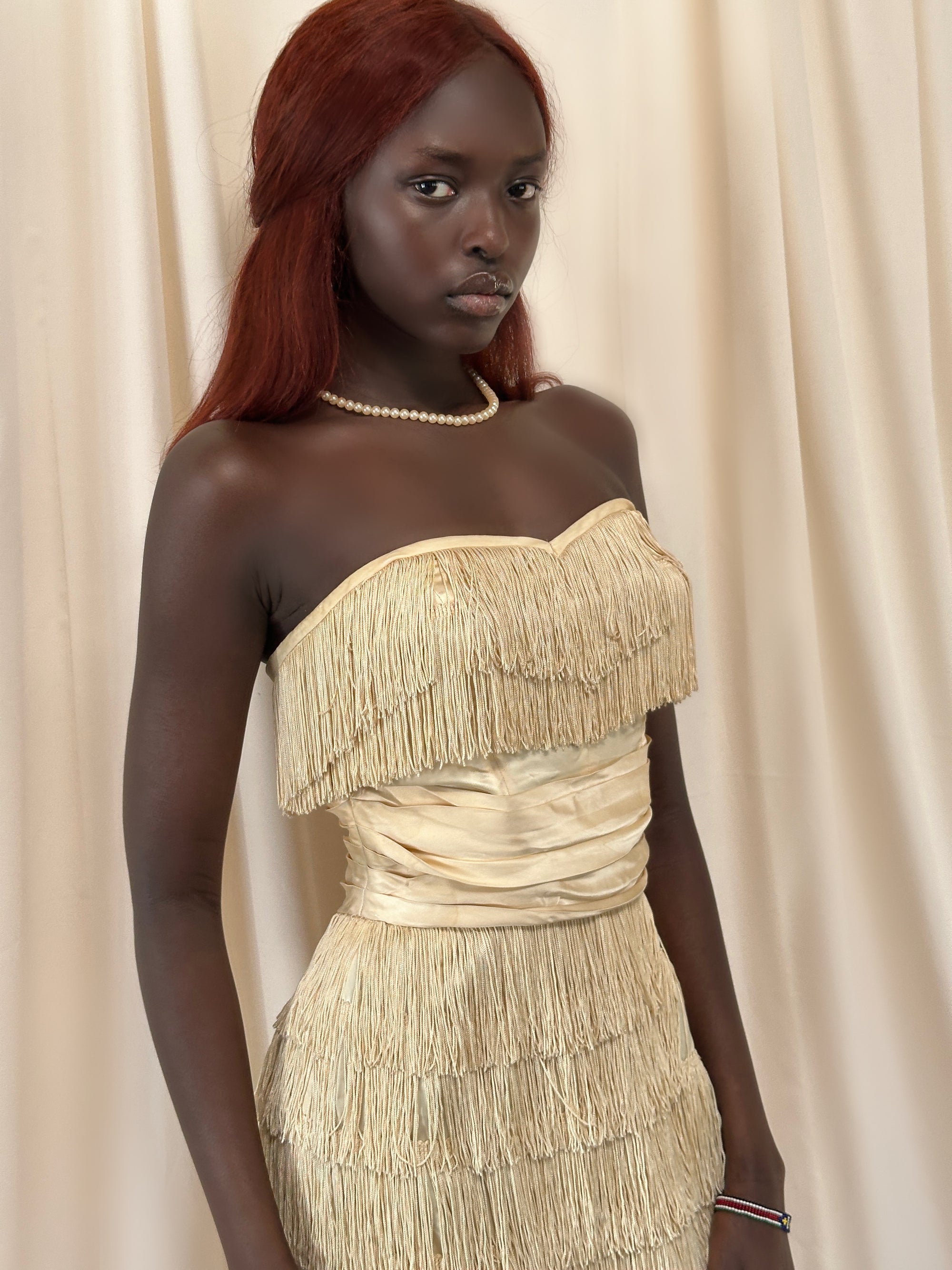 Vintage 1950’s Silk Ecru Strapless Fringe Dress