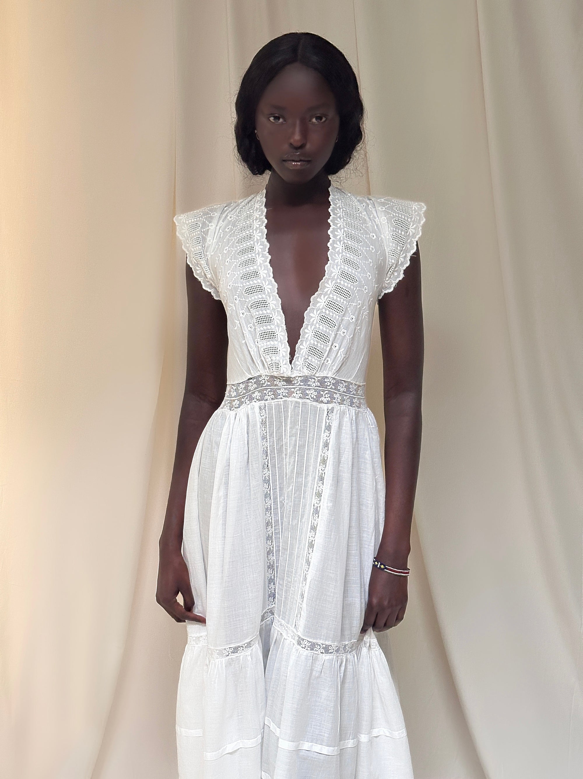 Vintage Edwardian “Deep V” Gauze Cotton Eyelet Dress