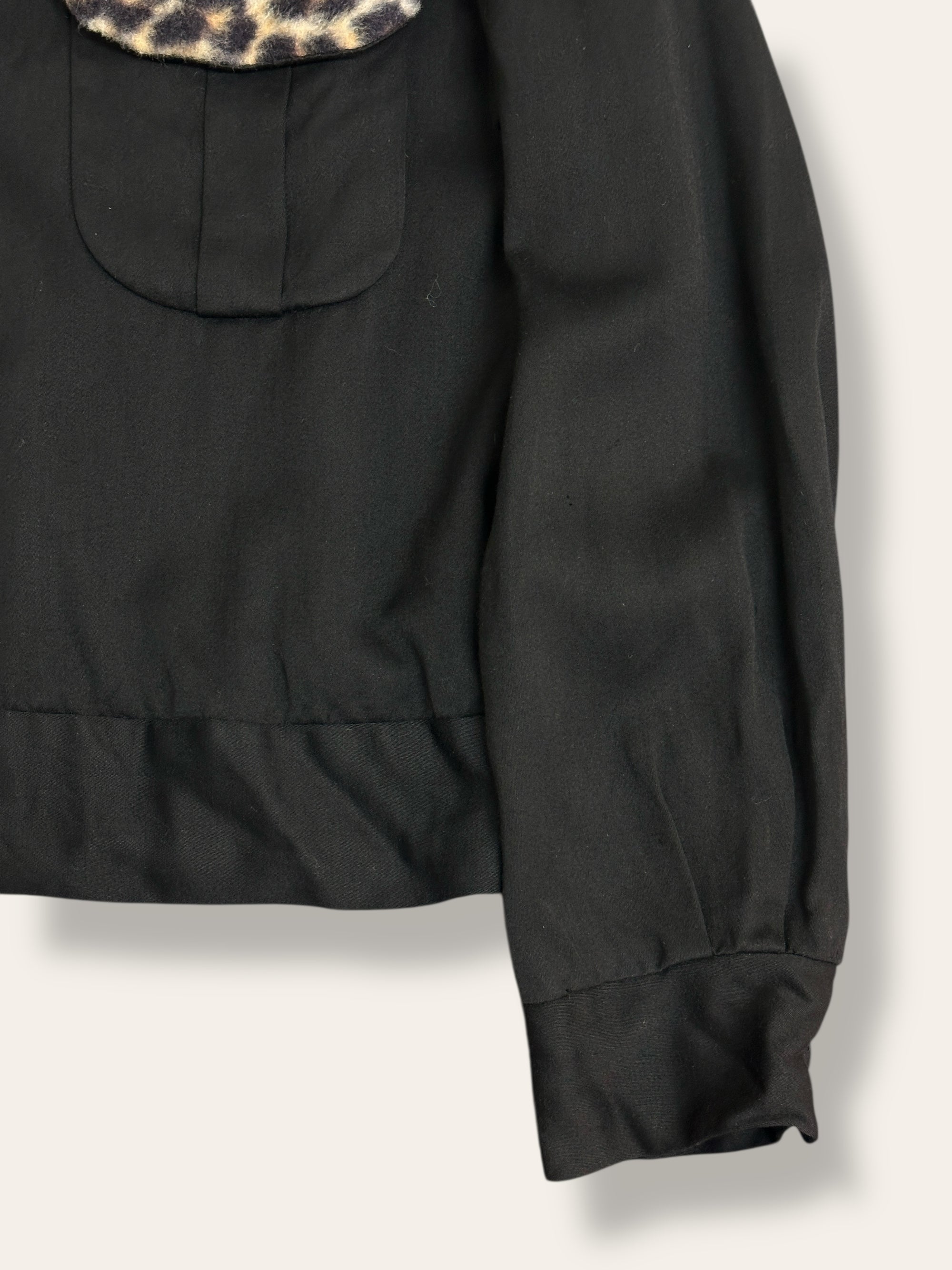 Vintage 1950’s California Black Rayon Gabardine Leopard Trim Jacket 46