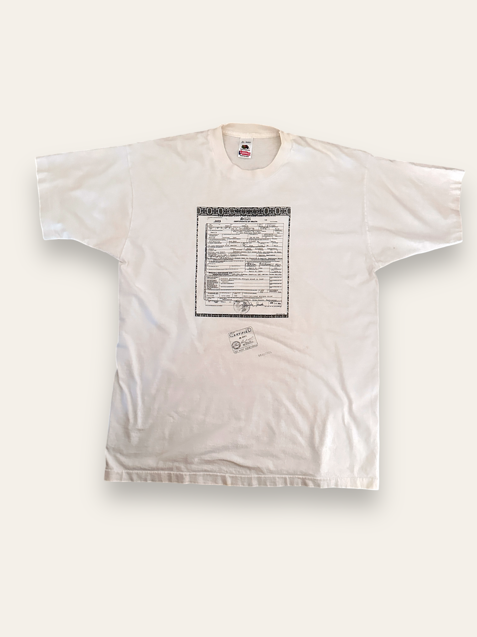 Vintage 1990’s Kurt Cobain Death Certificate Nirvana T-shirt