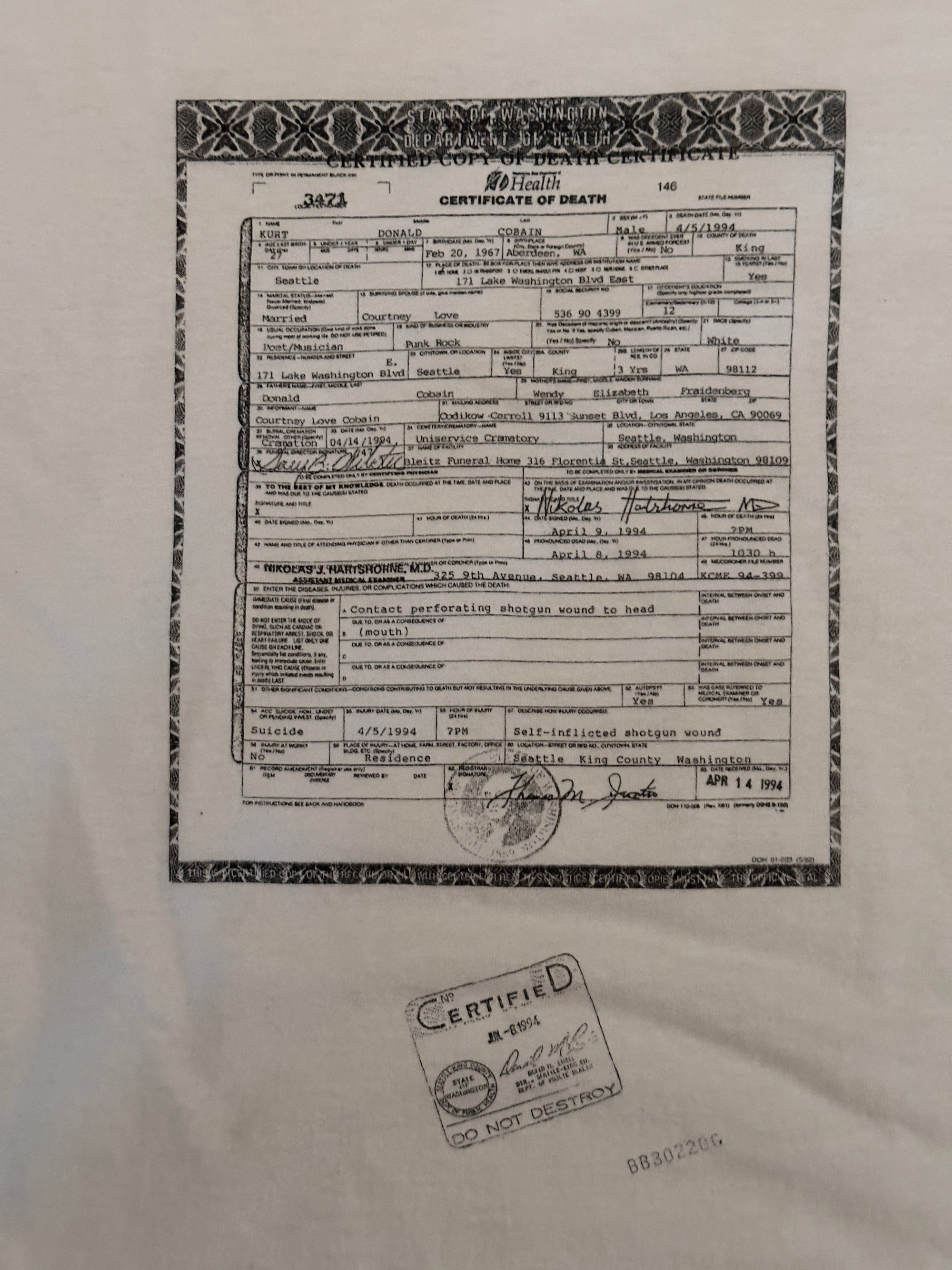 Vintage 1990’s Kurt Cobain Death Certificate Nirvana T-shirt