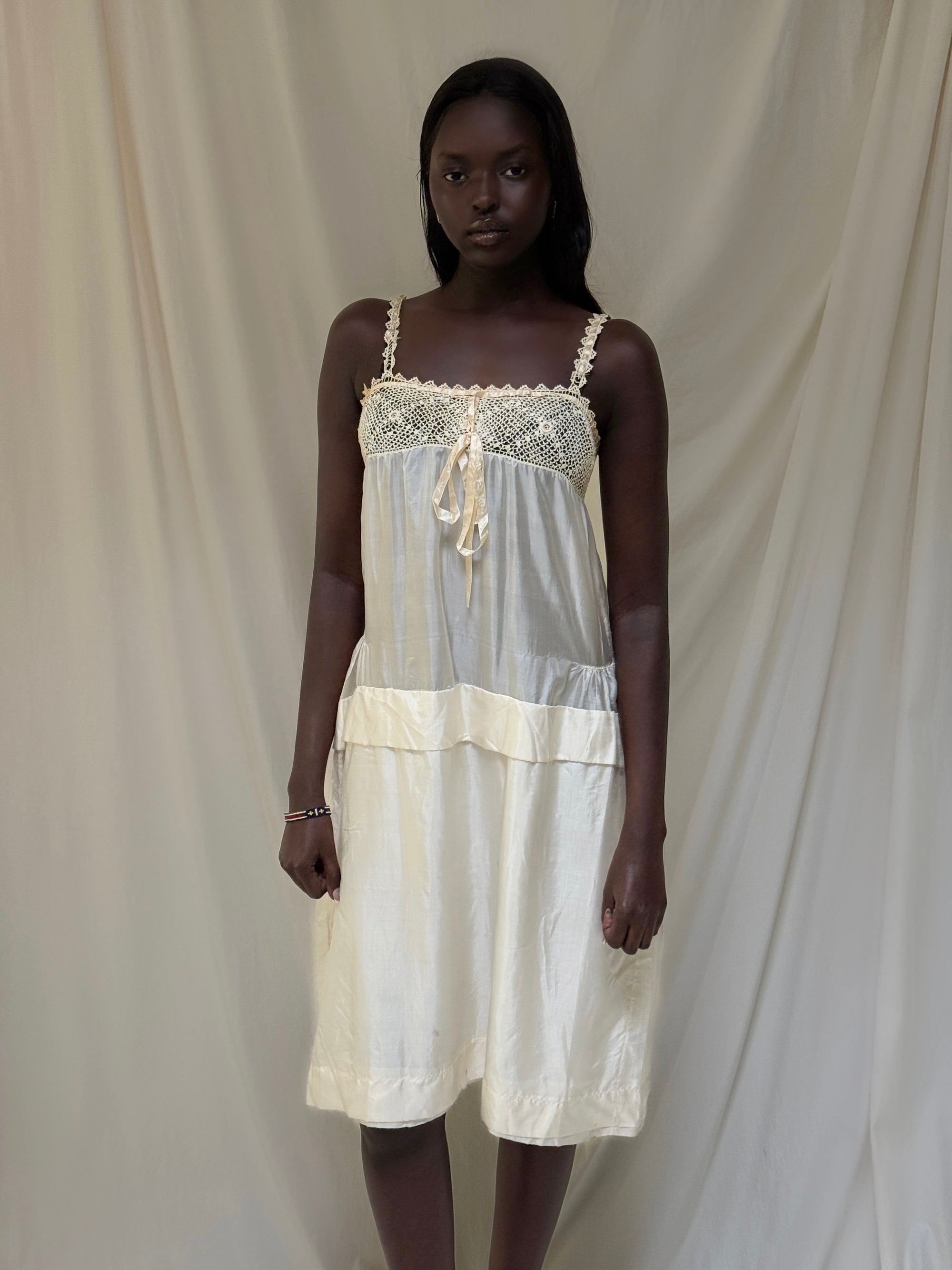 Vintage 1910’s Crochet & Silk Chemise Slip Dress