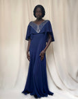 Vintage 1940s Beaded Navy Crepe Gown | Old Hollywood Evening Bias Cut Dress
