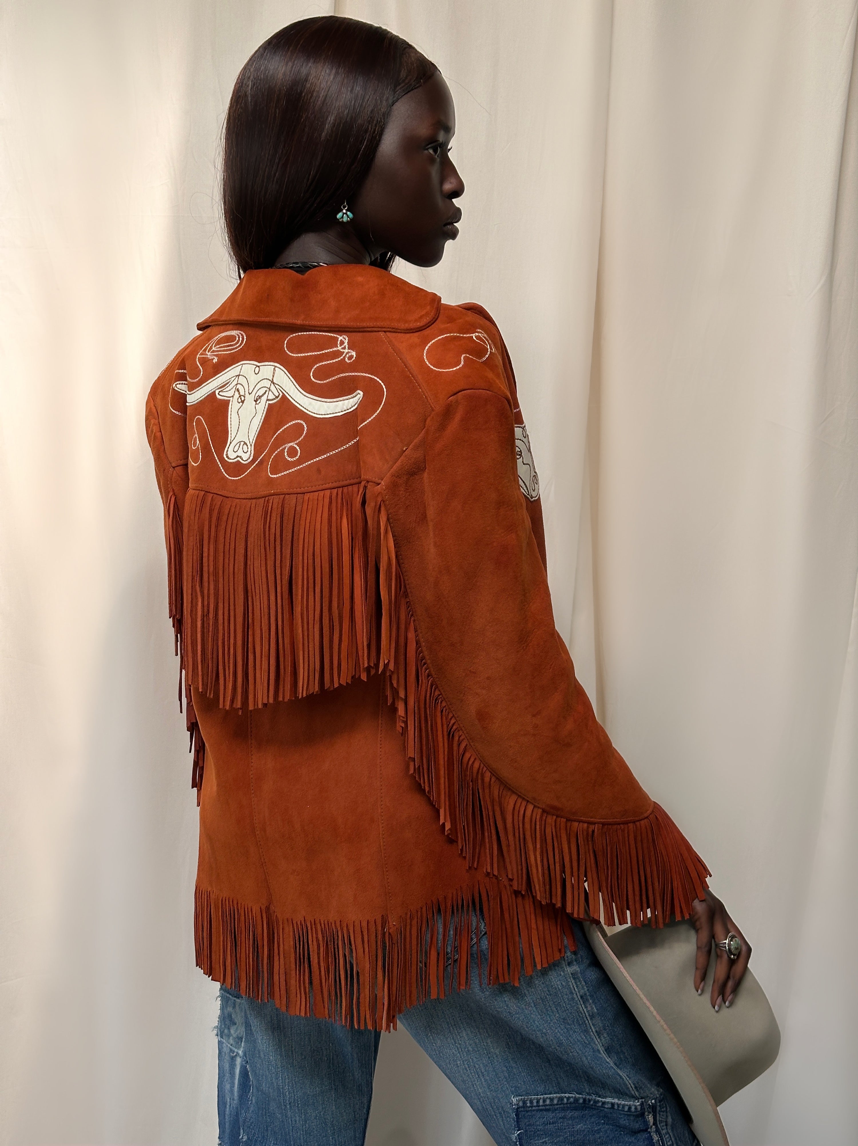 Vintage 1940's Bull Chain Stitch Suede Fringe Western Jacket