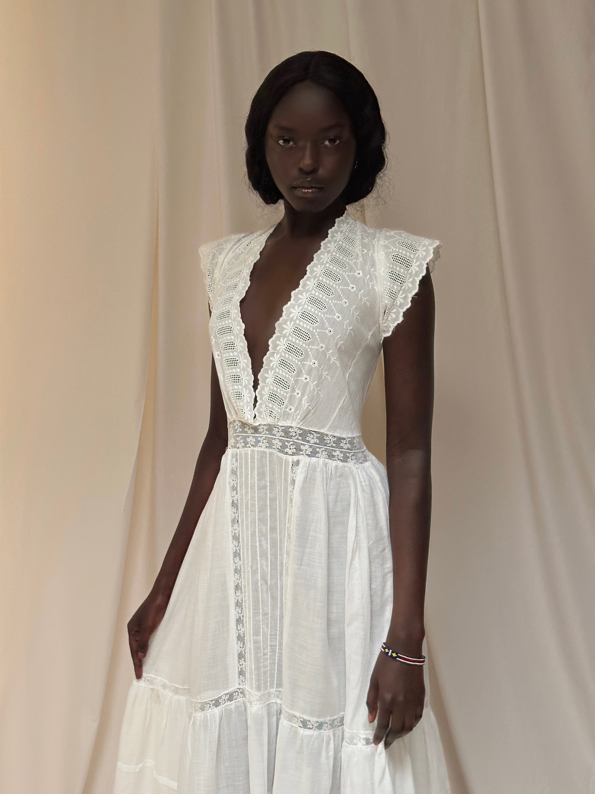 Vintage Edwardian “Deep V” Gauze Cotton Eyelet Dress