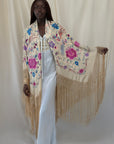 Vintage 1930s Manton de Manila Embroidered Silk Piano Shawl | Floral Bird Butterfly Motif With Long Fringe