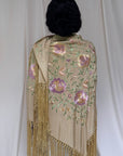 Vintage 1920’s Manton De Manila Silk Embroidered Long Fringe Piano Shawl | Romantic Floral Pastel