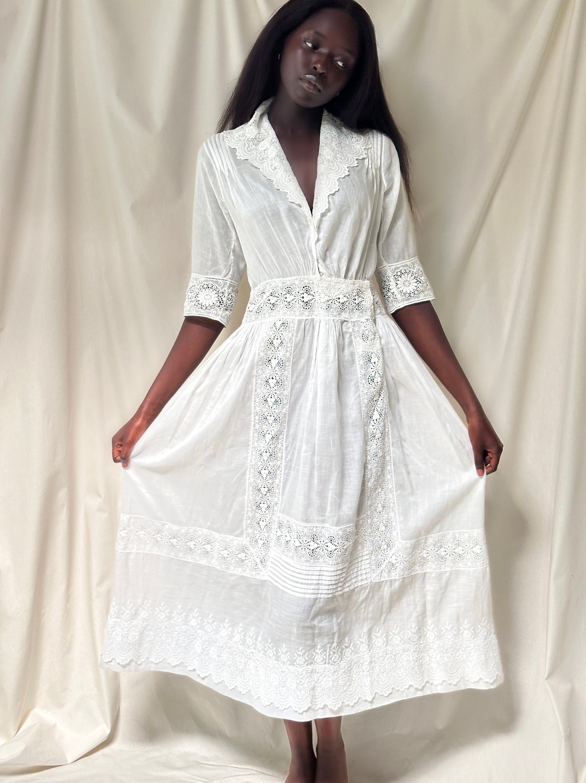 Vintage Edwardian White Cotton Eyelet Dress