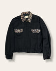 Vintage 1950’s California Black Rayon Gabardine Leopard Trim Jacket 46