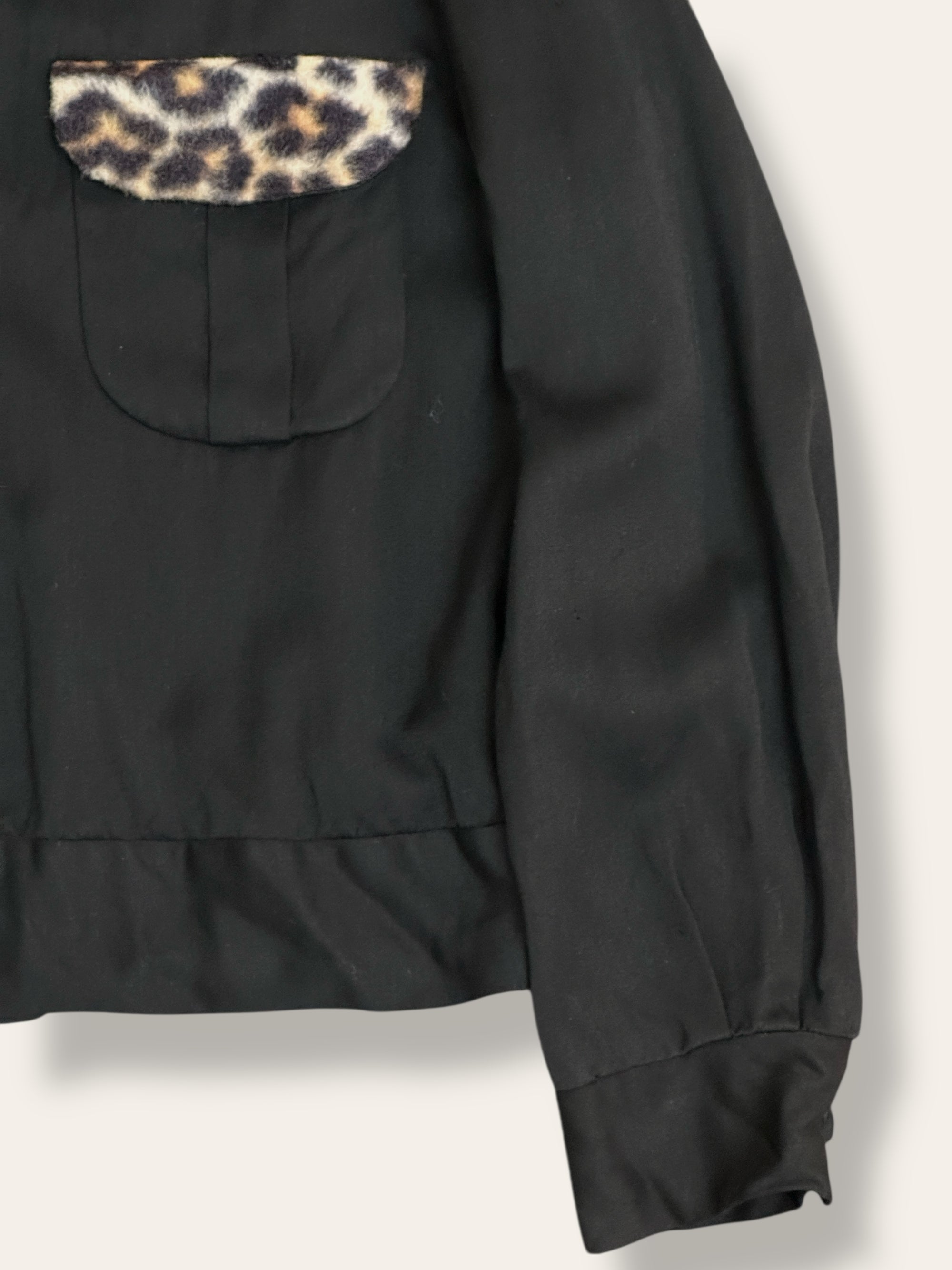 Vintage 1950’s California Black Rayon Gabardine Leopard Trim Jacket 46