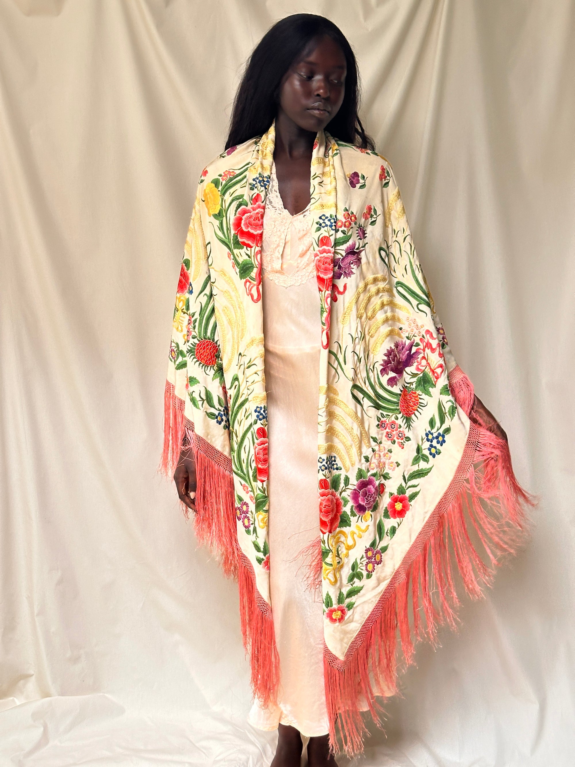 Vintage 1920’s Manton De Manila Silk Embroidered Double-Sided Piano Shawl ///SOLD///