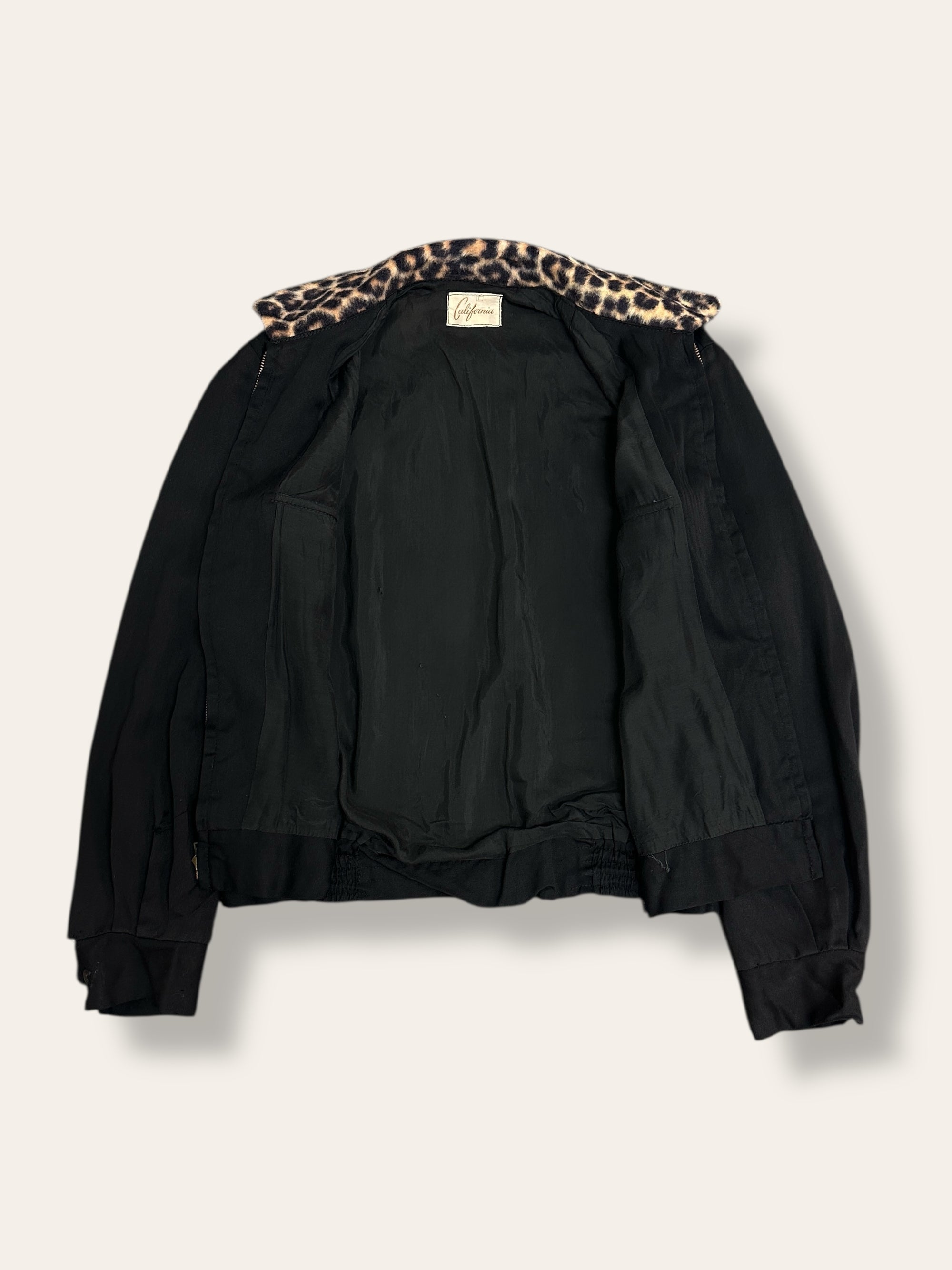 Vintage 1950’s California Black Rayon Gabardine Leopard Trim Jacket 46