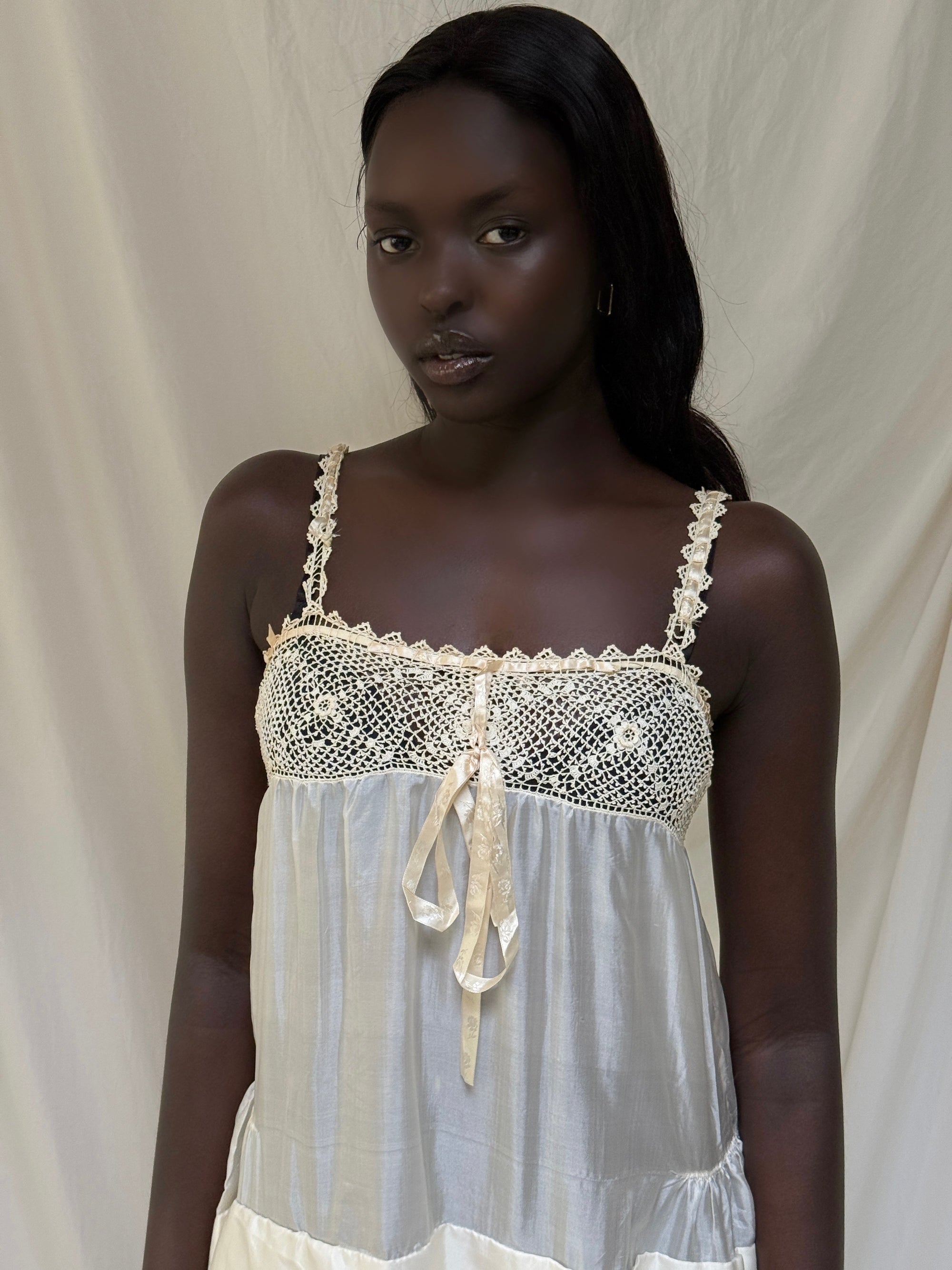 Vintage 1910’s Crochet & Silk Chemise Slip Dress