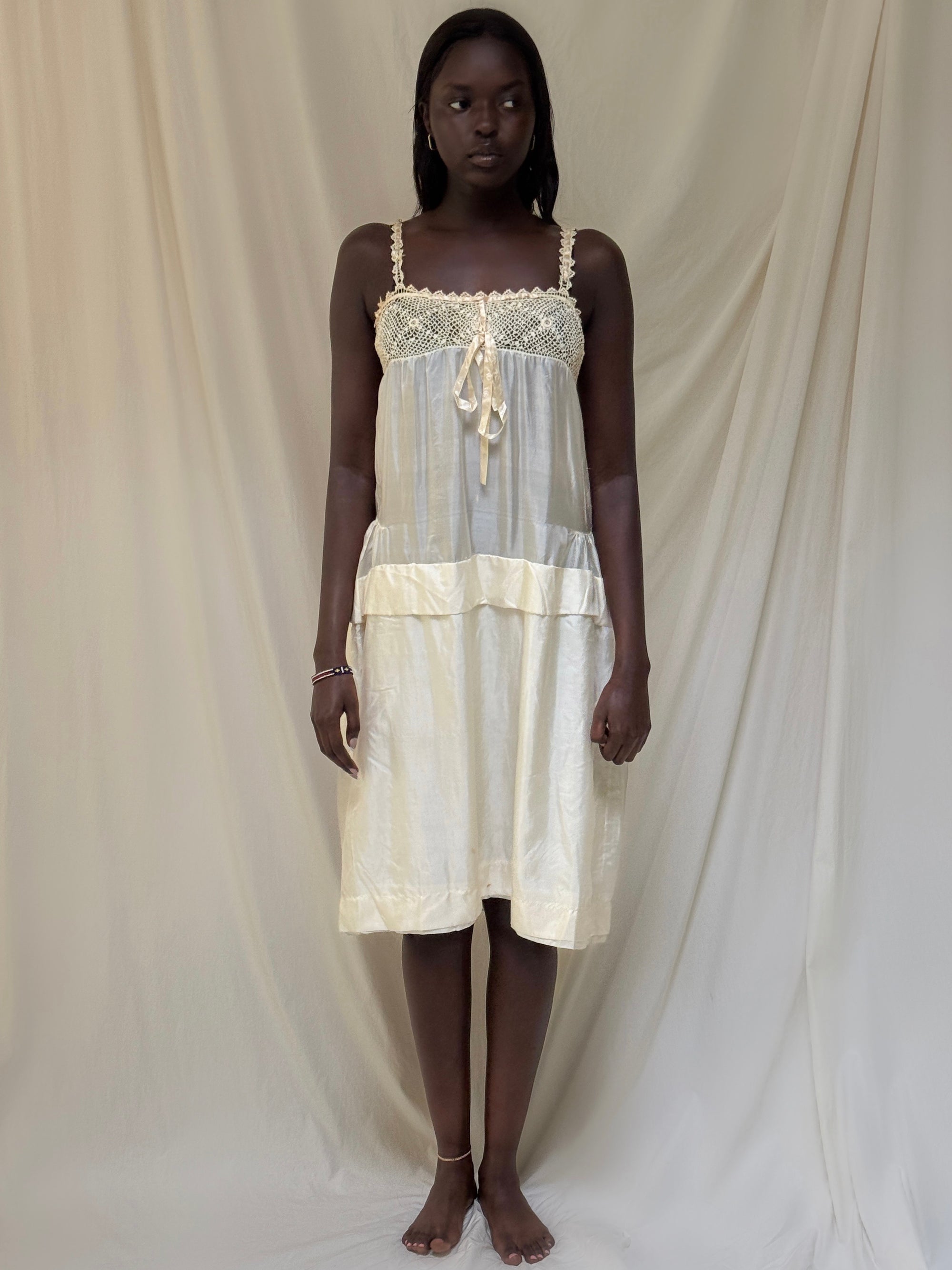 Vintage 1910’s Crochet & Silk Chemise Slip Dress