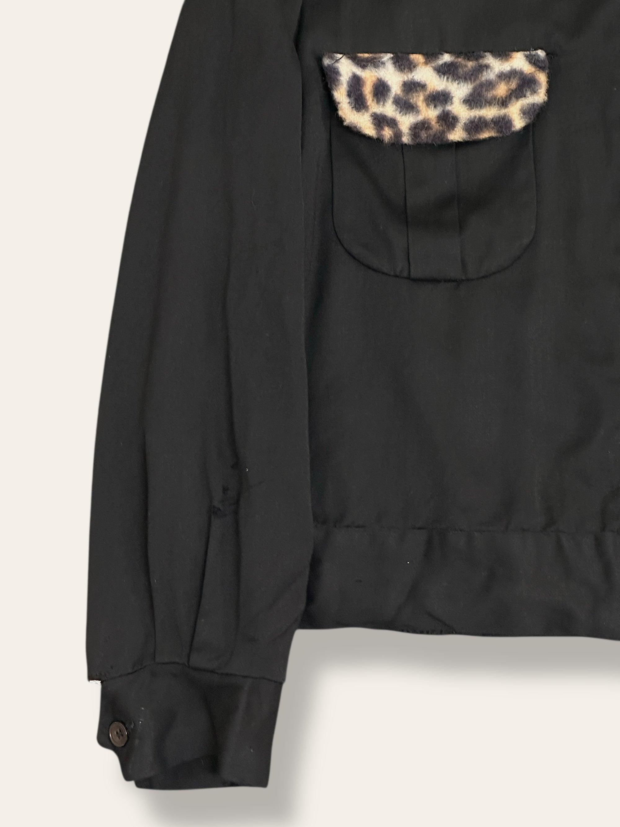 Vintage 1950’s California Black Rayon Gabardine Leopard Trim Jacket 46