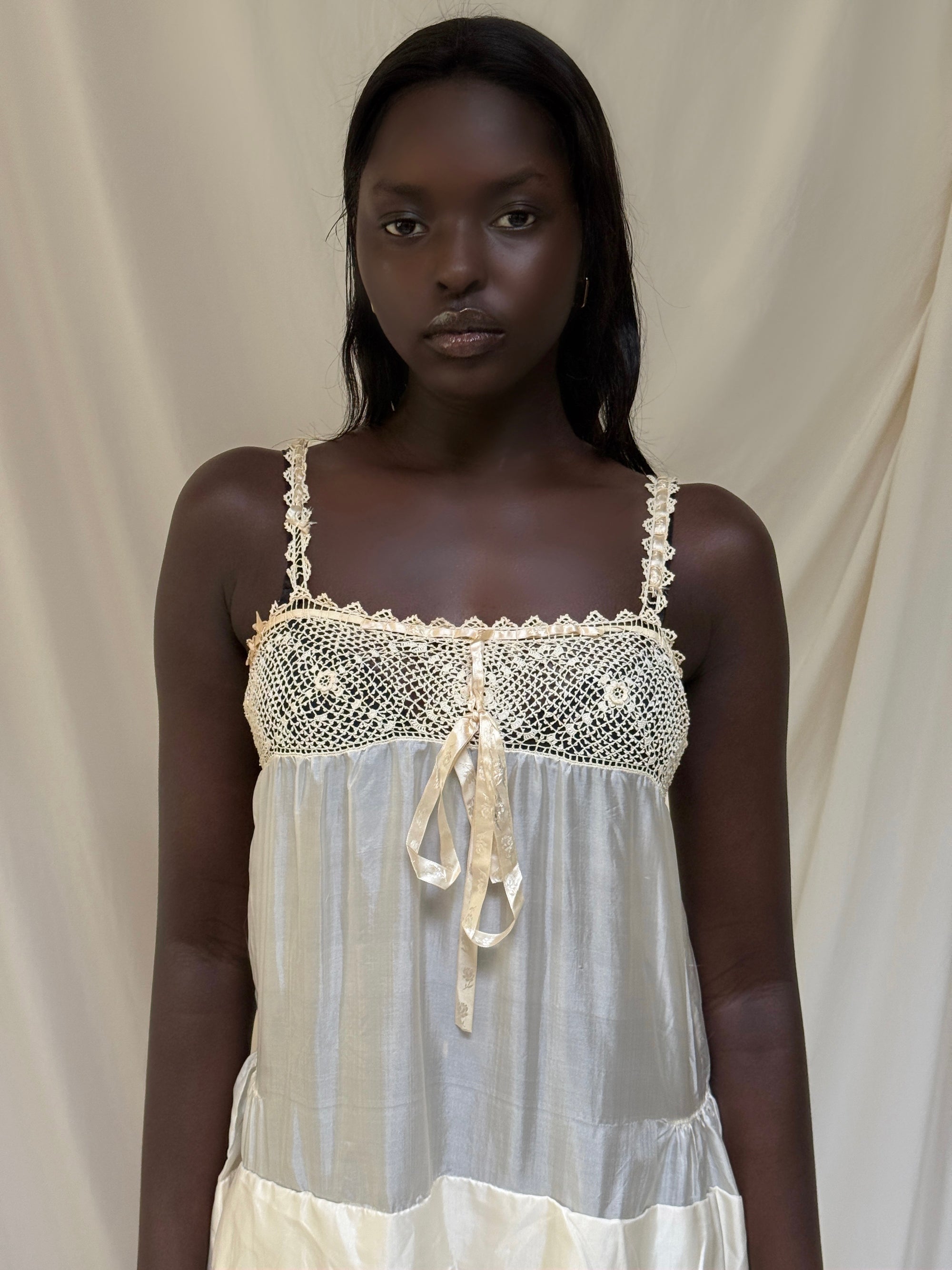 Vintage 1910’s Crochet & Silk Chemise Slip Dress