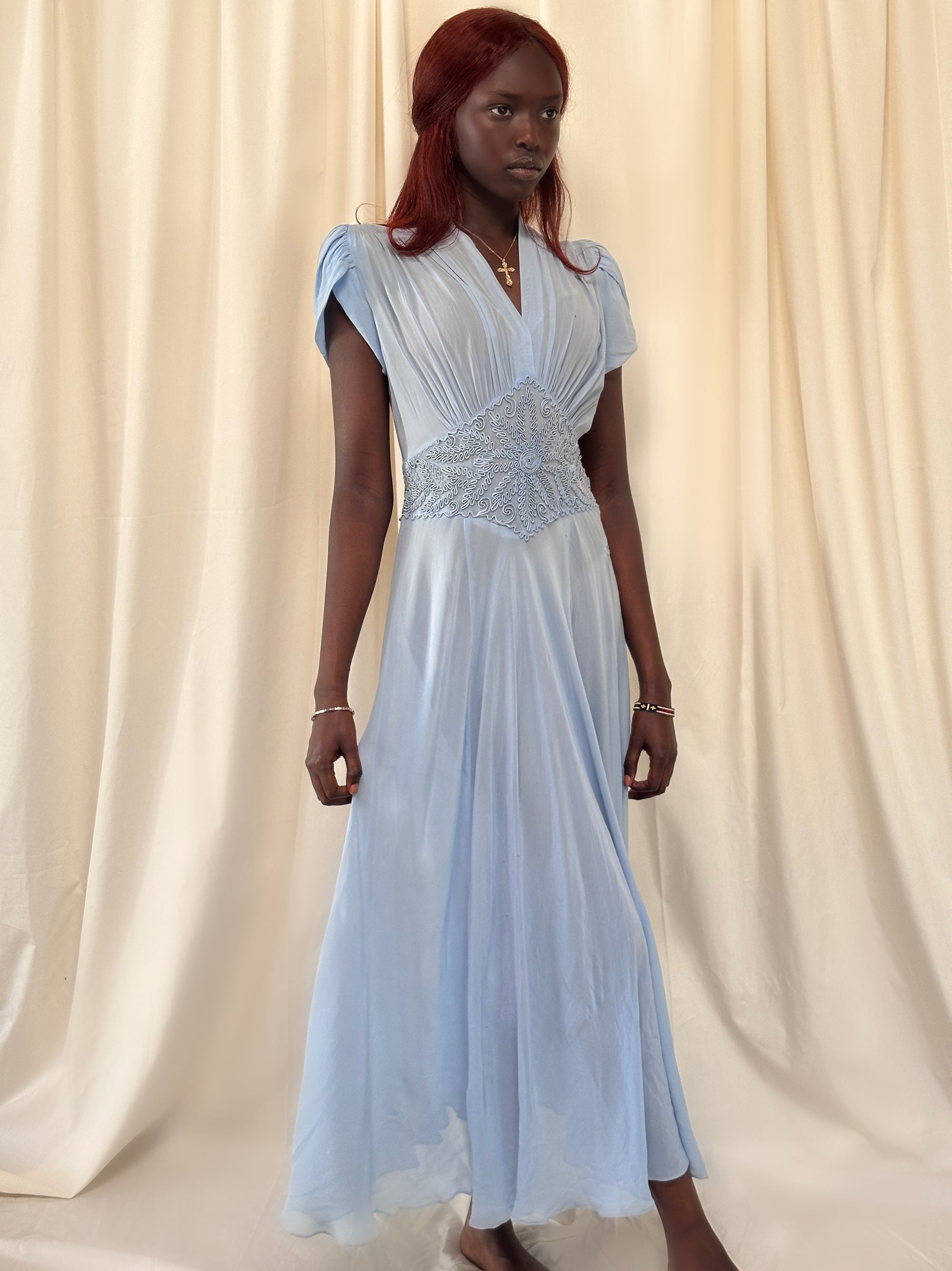 Vintage 1930’s Blue Soutache Sheer Chiffon Dress