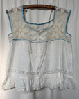 Vintage Edwardian Crochet Lace Blouse | White Cotton Ruffle Top with Blue Ribbon | Antique Romantic Cottagecore Boho