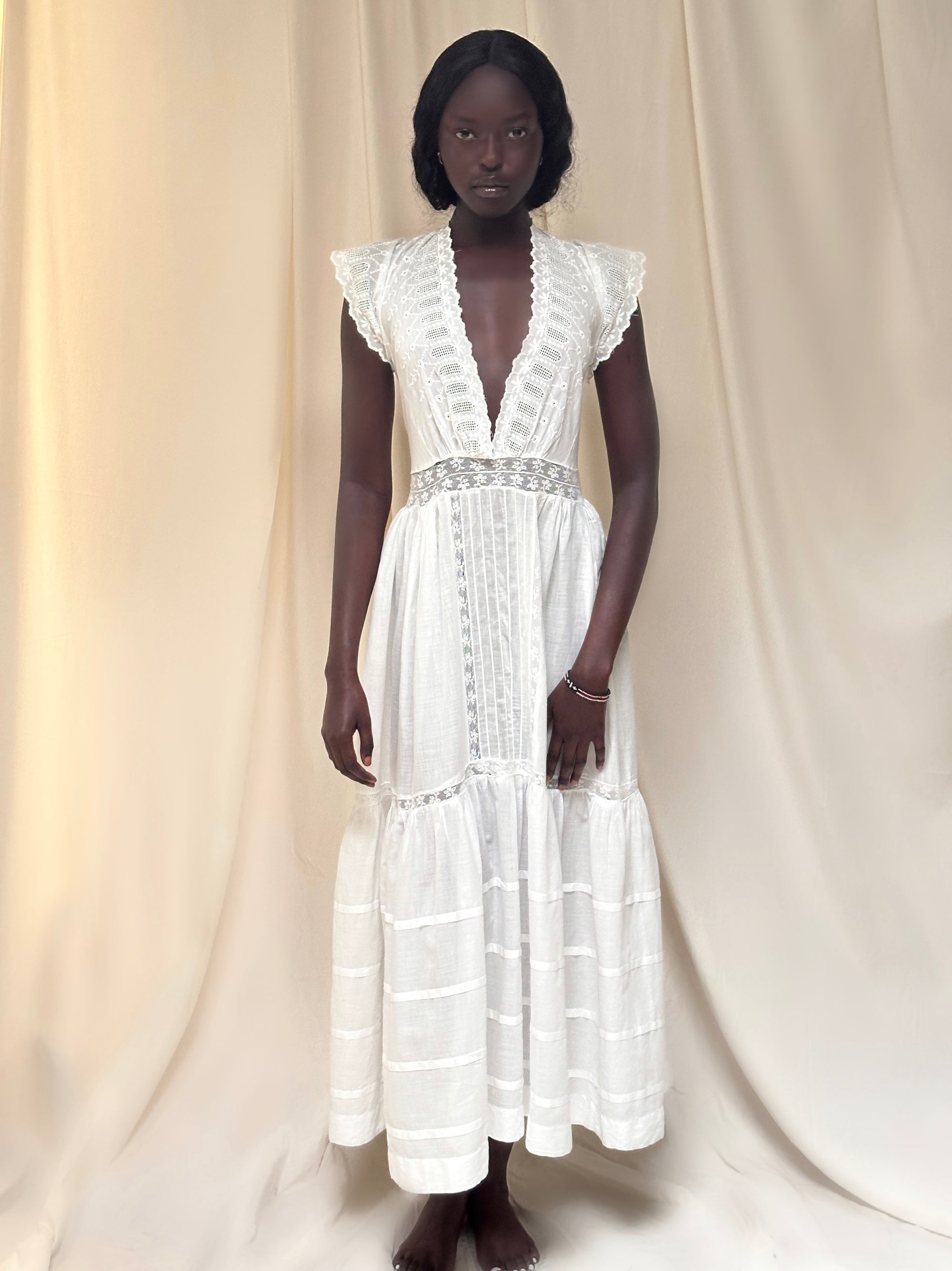Vintage Edwardian “Deep V” Gauze Cotton Eyelet Dress
