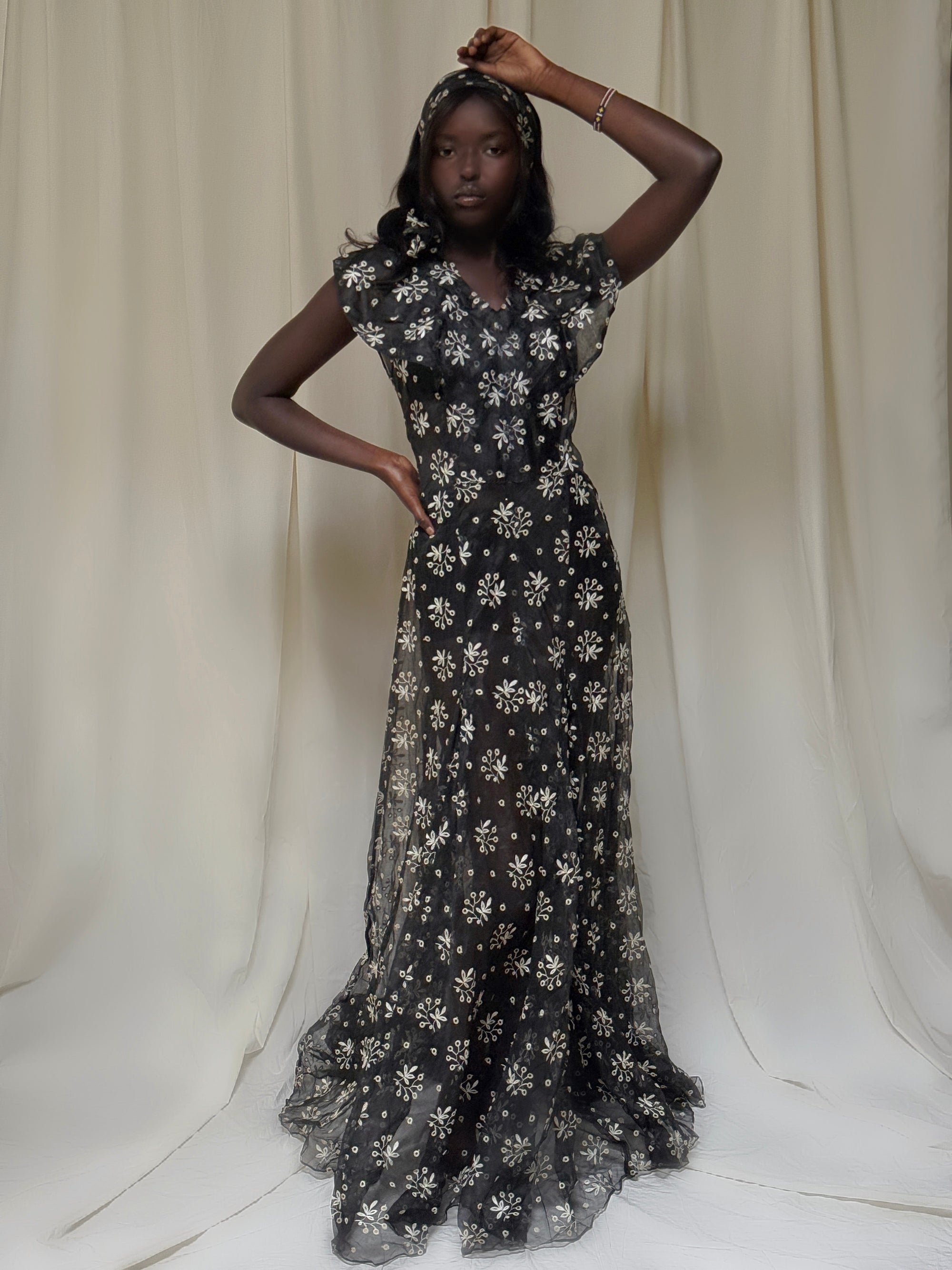 Vintage 1930’s Black & Creme Organza Eyelet Dress