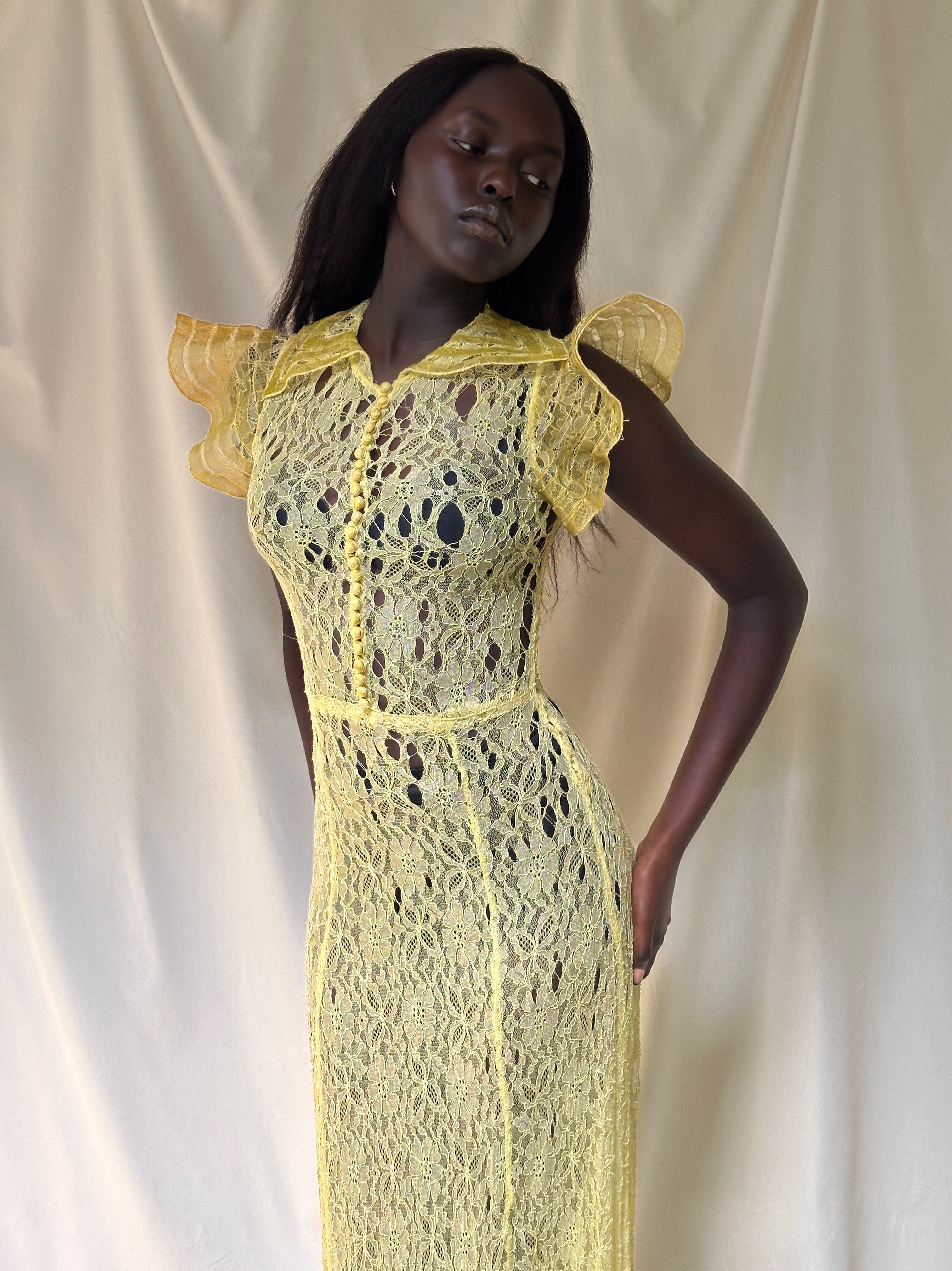 Vintage 1930s Thrashed Lace Yellow Dress Vintage 1930s Thrashed Lace Yellow Dress