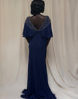 Vintage 1940s Beaded Navy Crepe Gown | Old Hollywood Evening Bias Cut Dress