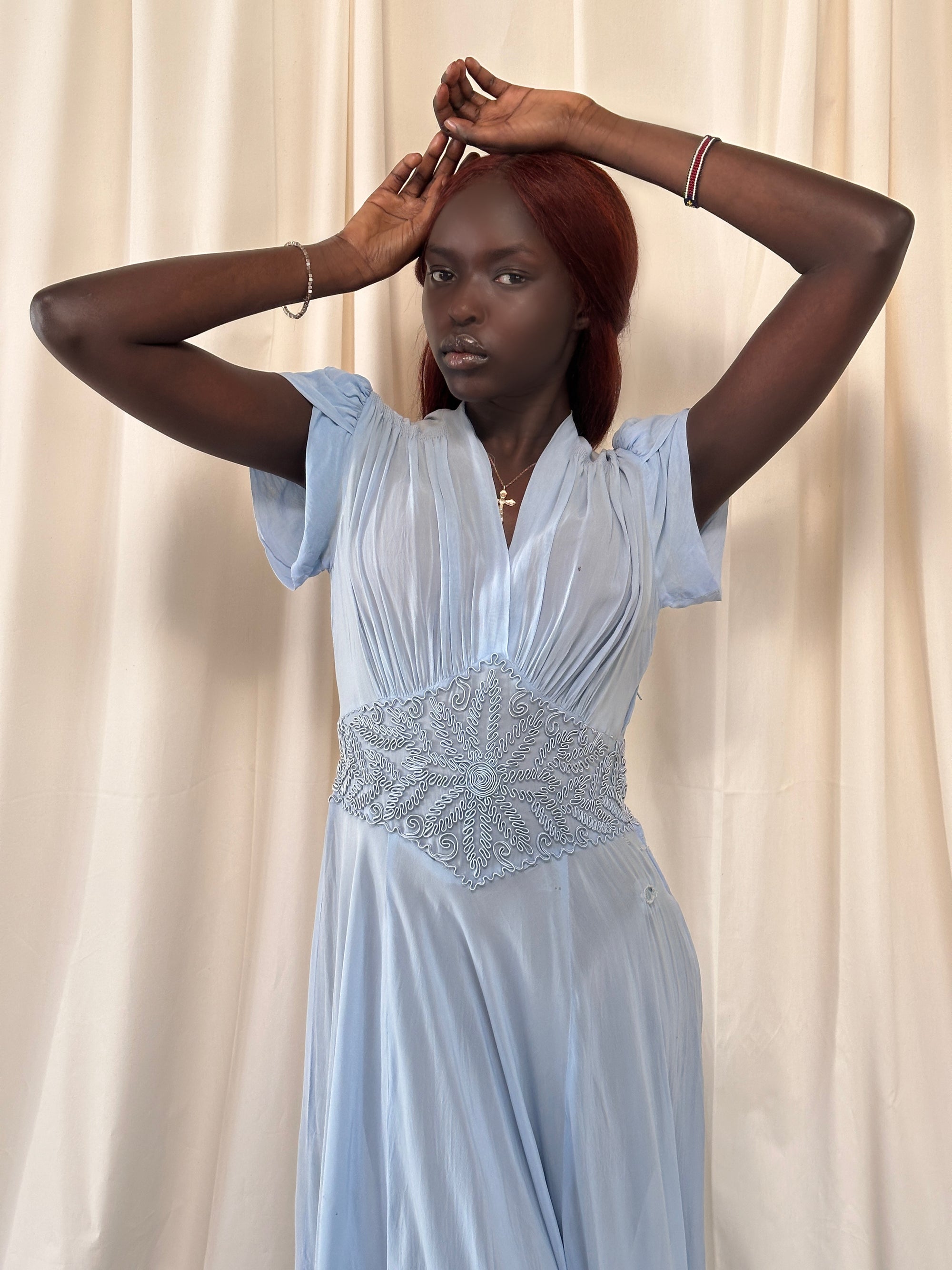 Vintage 1930’s Blue Soutache Sheer Chiffon Dress