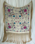 Vintage 1930s Manton de Manila Embroidered Silk Piano Shawl | Floral Bird Butterfly Motif With Long Fringe