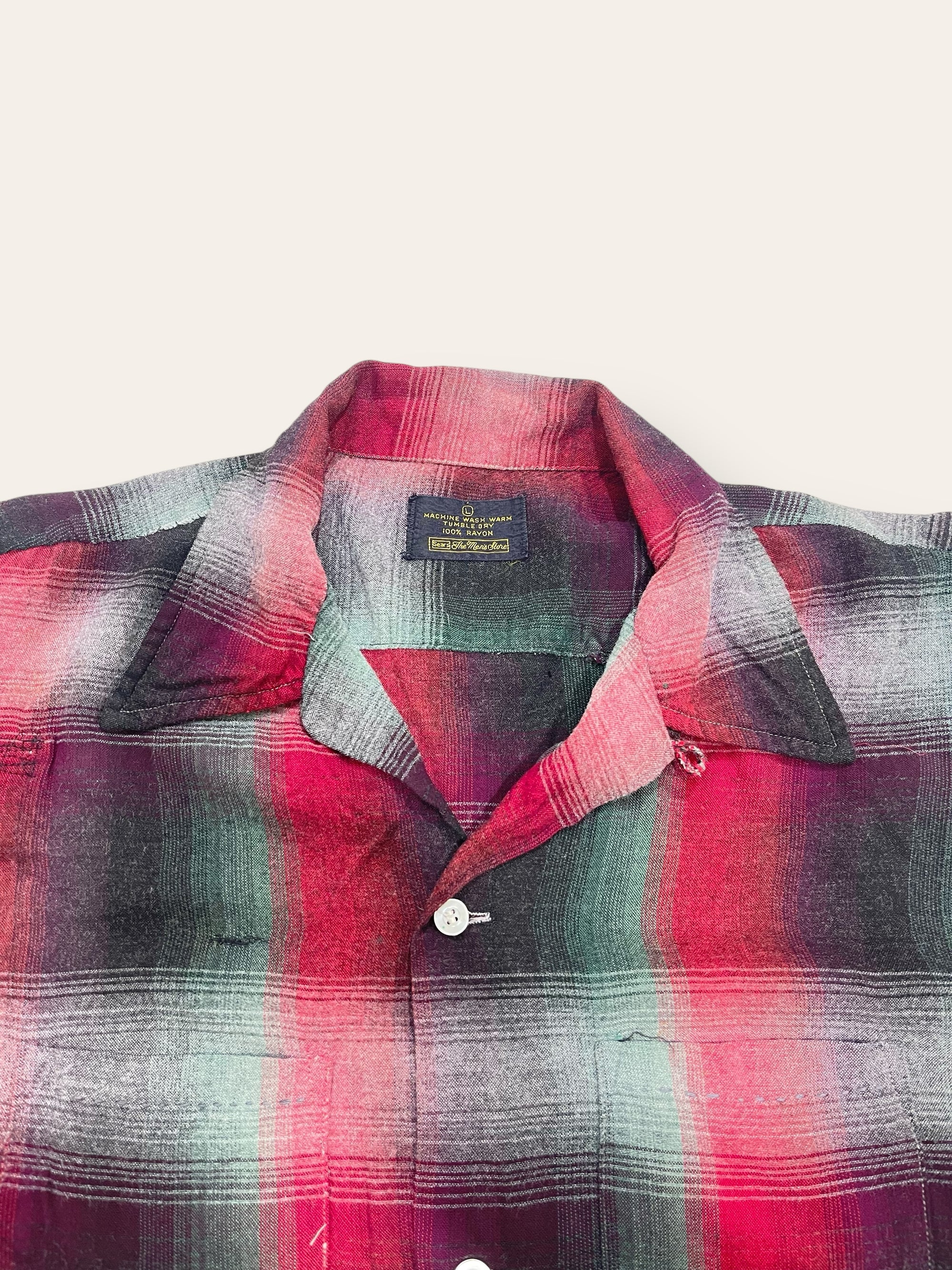 Vintage 1960’s Rayon Shadow Plaid Mended Shirt