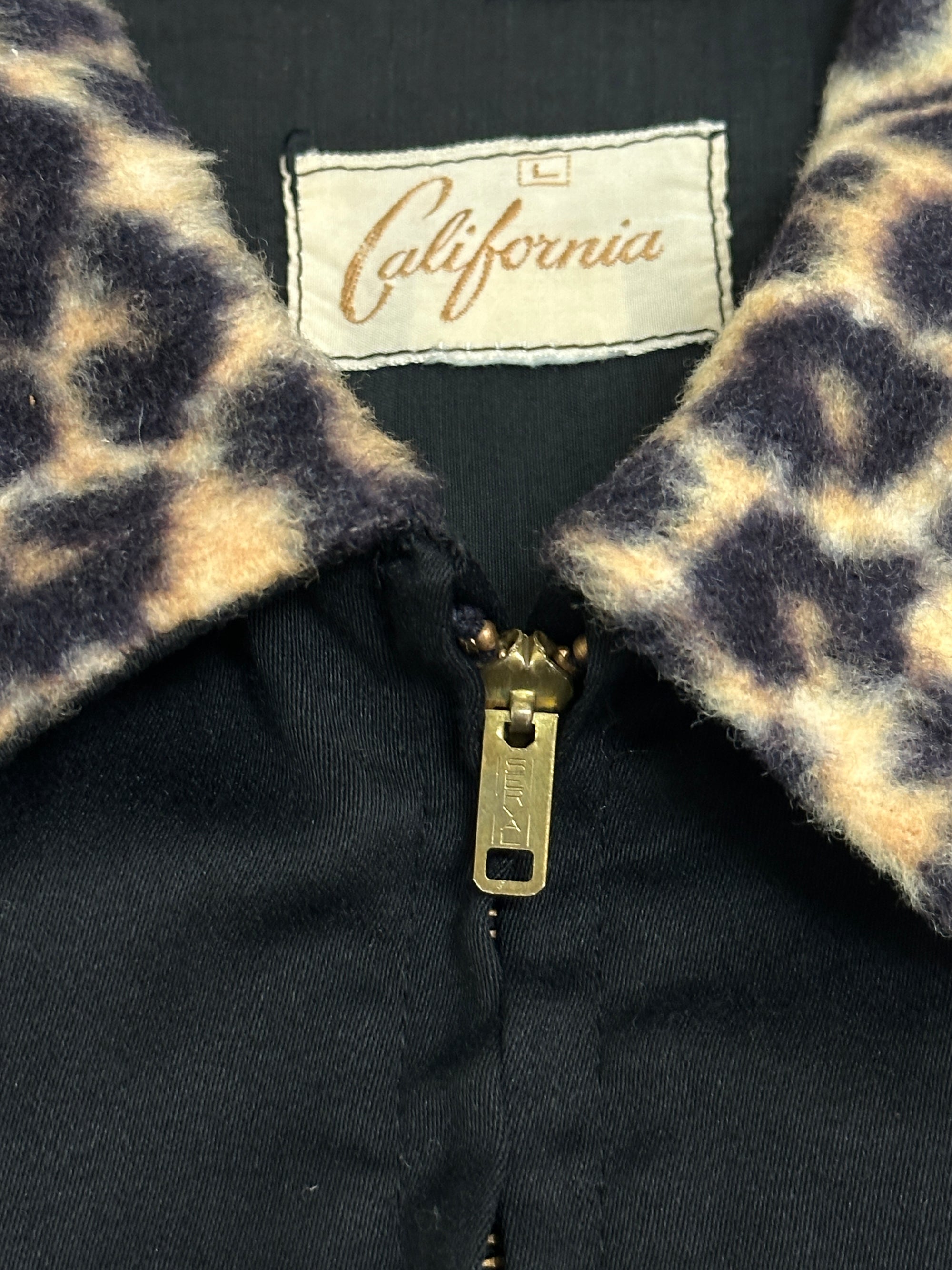 Vintage 1950’s California Black Rayon Gabardine Leopard Trim Jacket 46