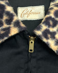 Vintage 1950’s California Black Rayon Gabardine Leopard Trim Jacket 46