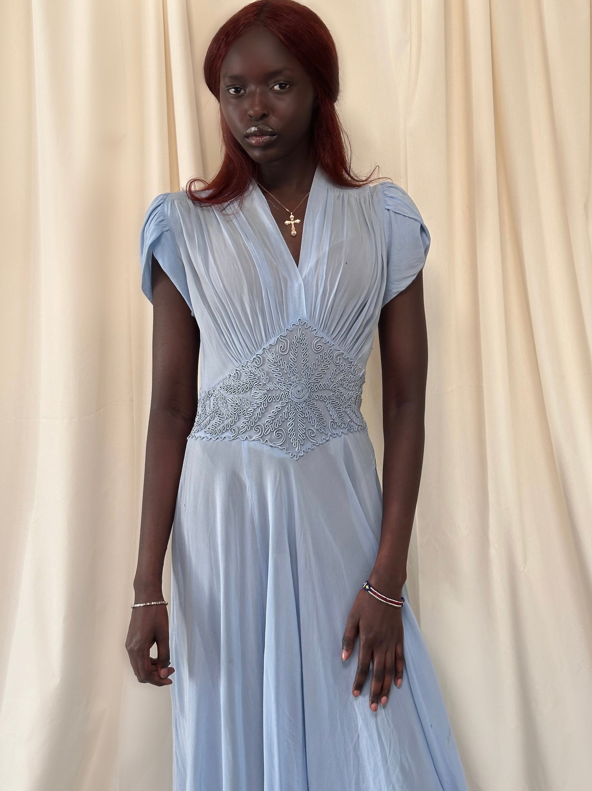 Vintage 1930’s Blue Soutache Sheer Chiffon Dress