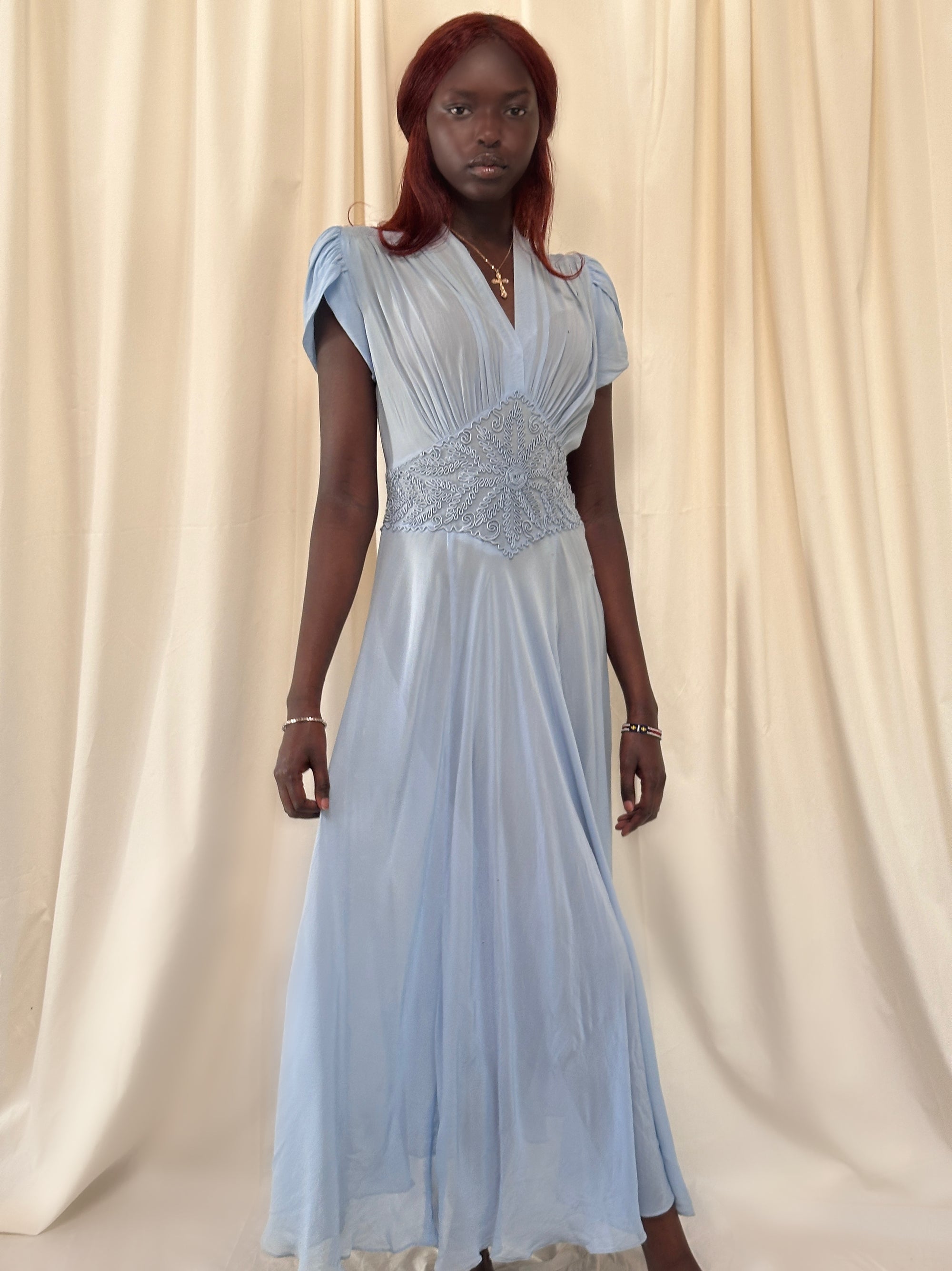Vintage 1930’s Blue Soutache Sheer Chiffon Dress