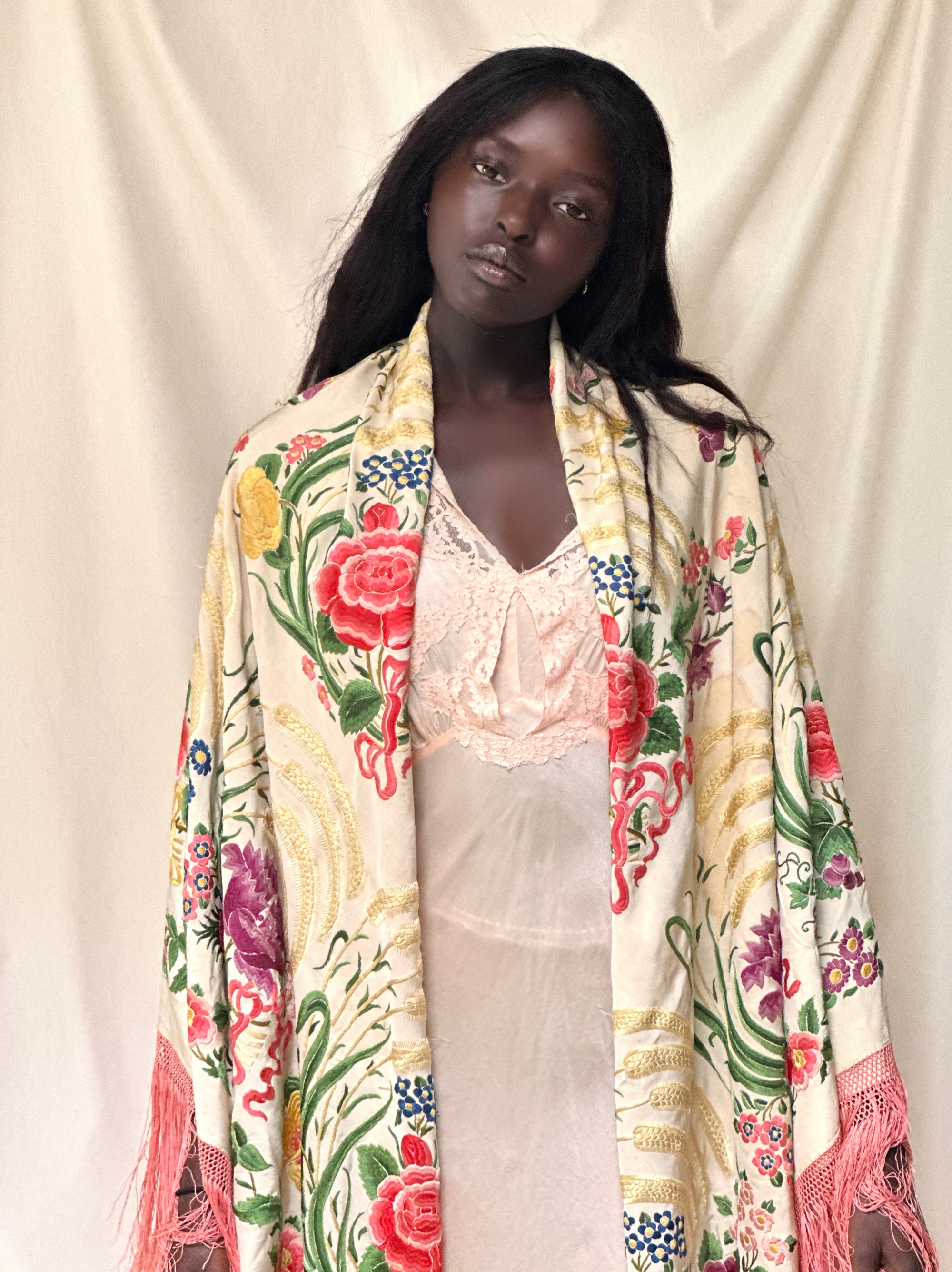 Vintage 1920’s Manton De Manila Silk Embroidered Double-Sided Piano Shawl ///SOLD///
