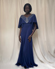 Vintage 1940s Beaded Navy Crepe Gown | Old Hollywood Evening Bias Cut Dress
