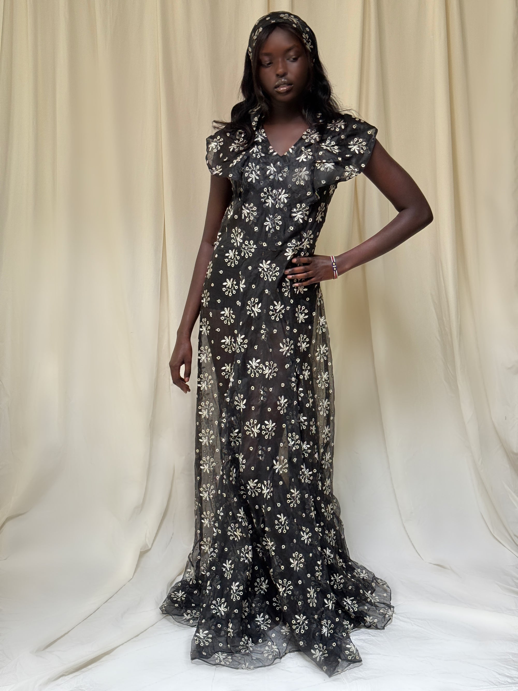 Vintage 1930’s Black & Creme Organza Eyelet Dress