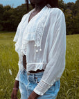 Antique Edwardian Romantic White Gauze Cotton Blouse | Vintage Sheer Top With Pom-Pom Tassels