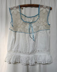 Vintage Edwardian Crochet Lace Blouse | White Cotton Ruffle Top with Blue Ribbon | Antique Romantic Cottagecore Boho