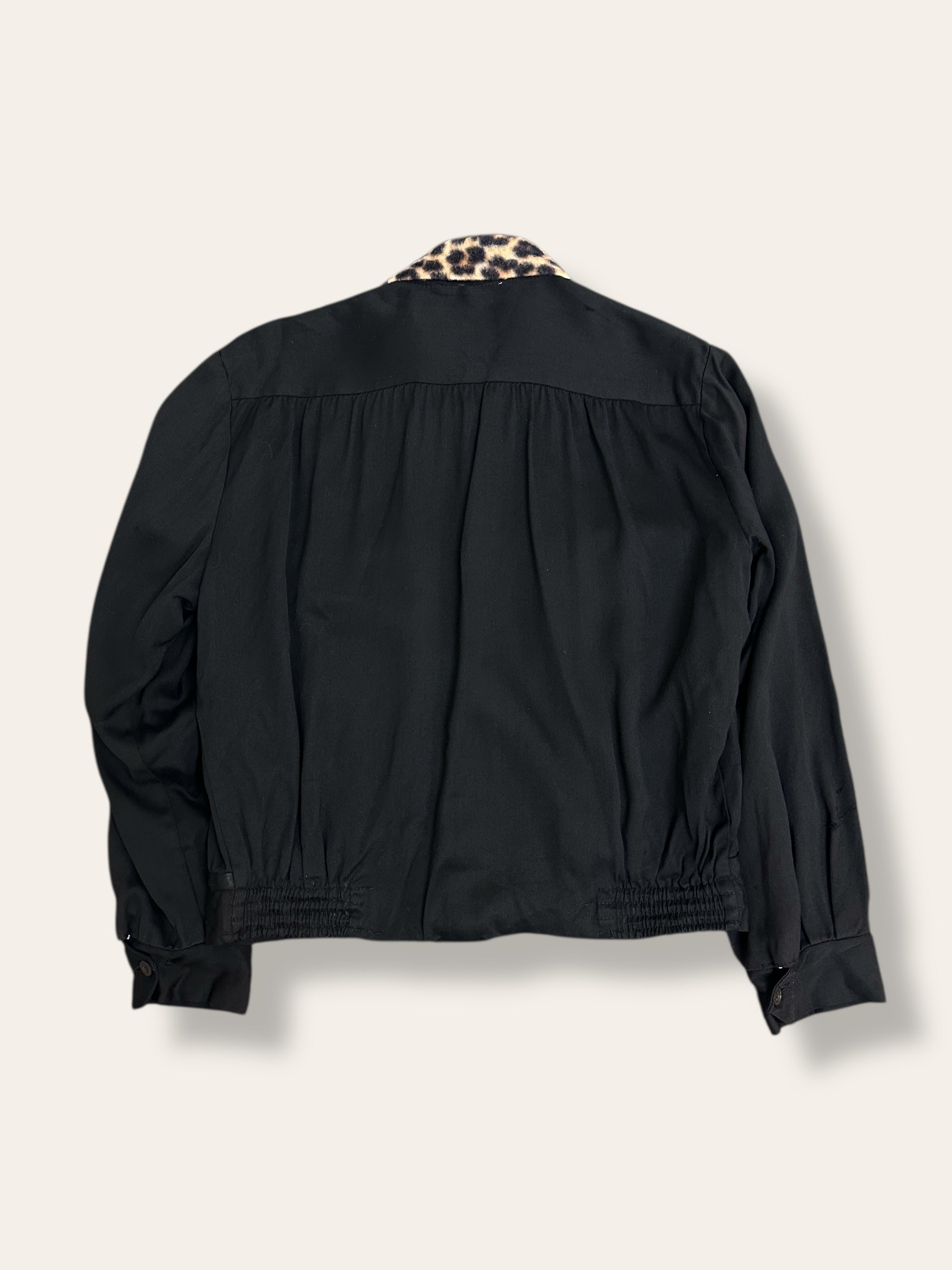 Vintage 1950’s California Black Rayon Gabardine Leopard Trim Jacket 46