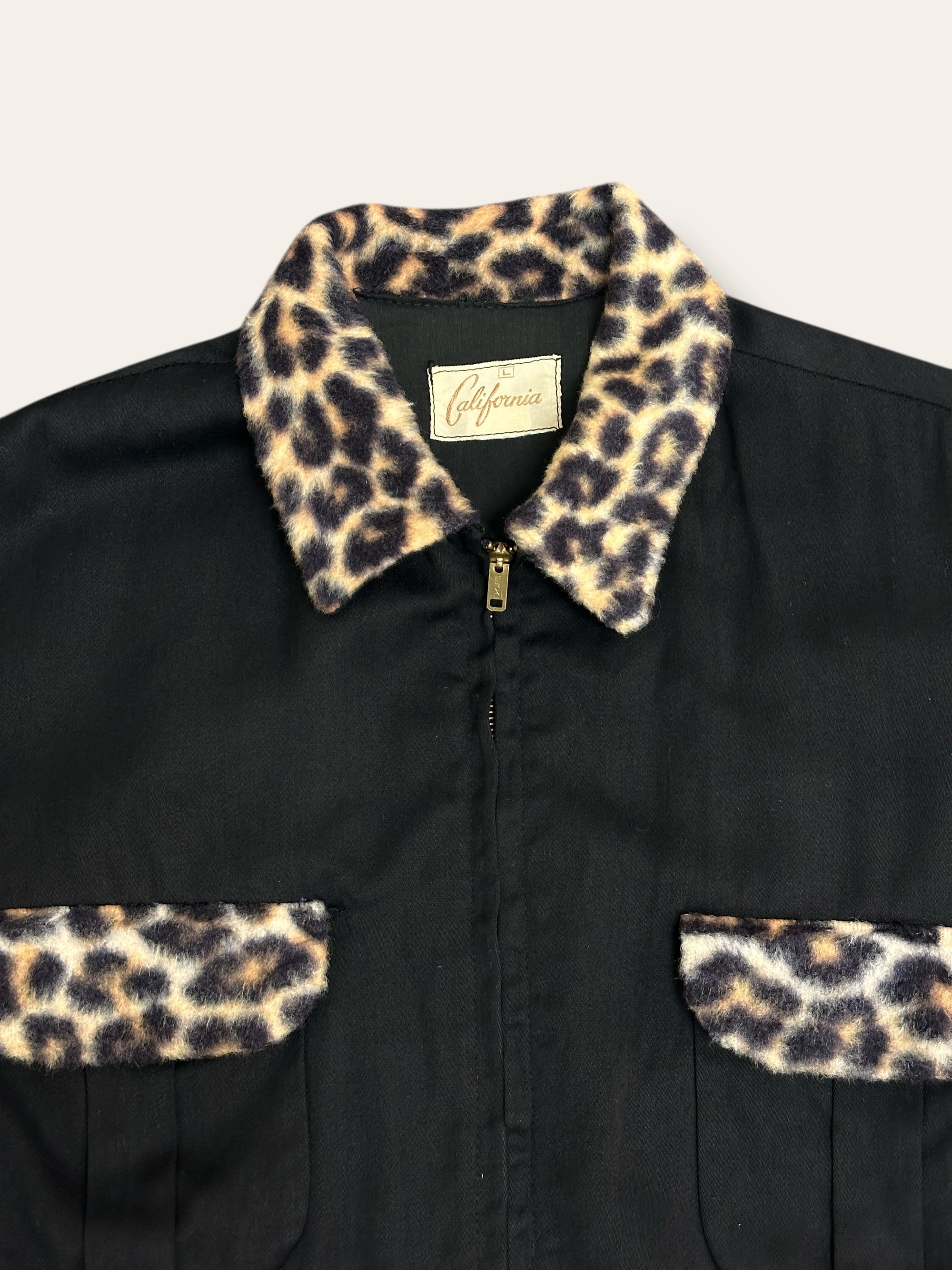 Vintage 1950’s California Black Rayon Gabardine Leopard Trim Jacket 46