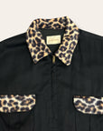 Vintage 1950’s California Black Rayon Gabardine Leopard Trim Jacket 46