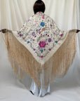 Vintage 1930s Manton de Manila Embroidered Silk Piano Shawl | Floral Bird Butterfly Motif With Long Fringe