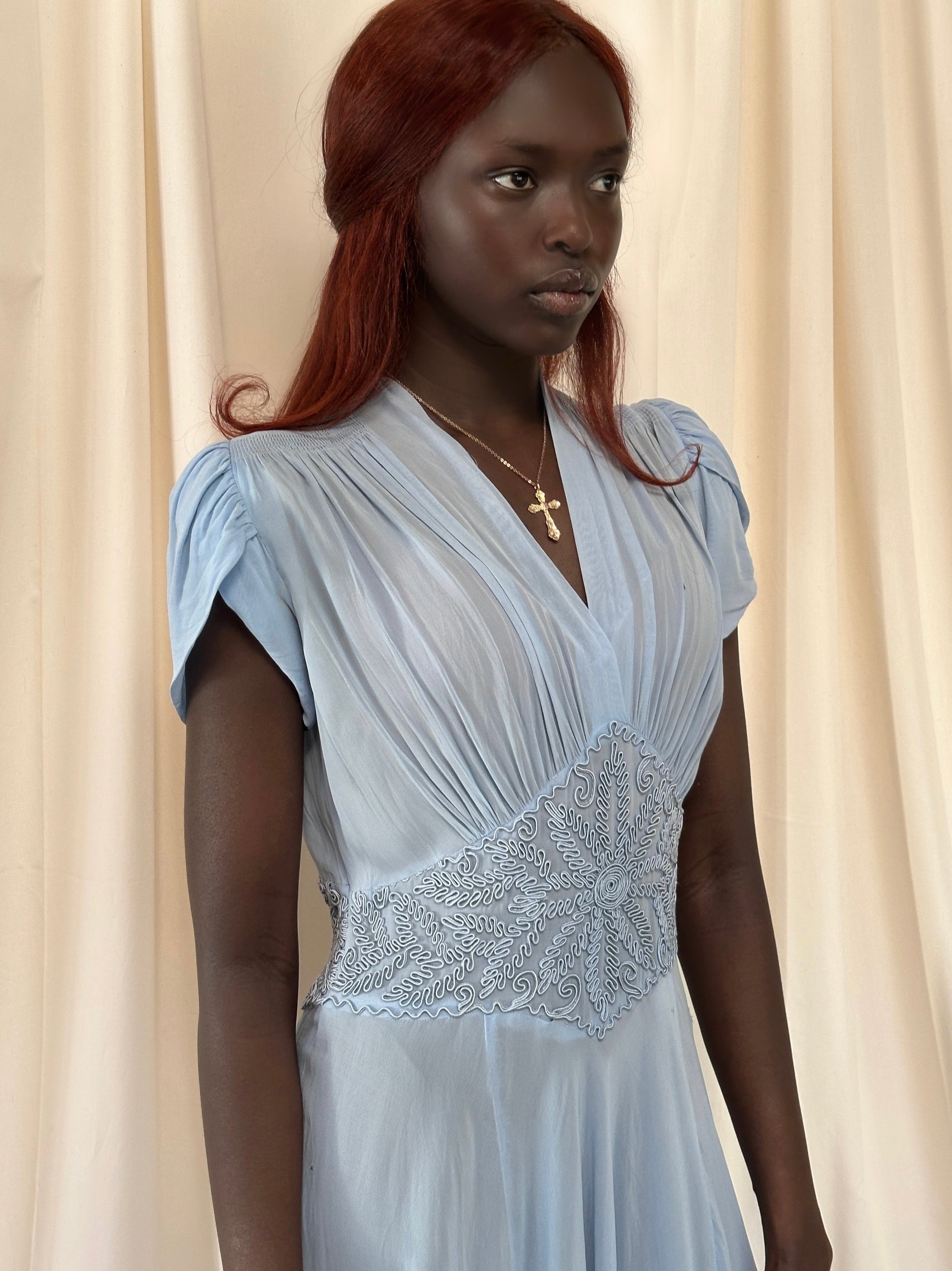 Vintage 1930’s Blue Soutache Sheer Chiffon Dress