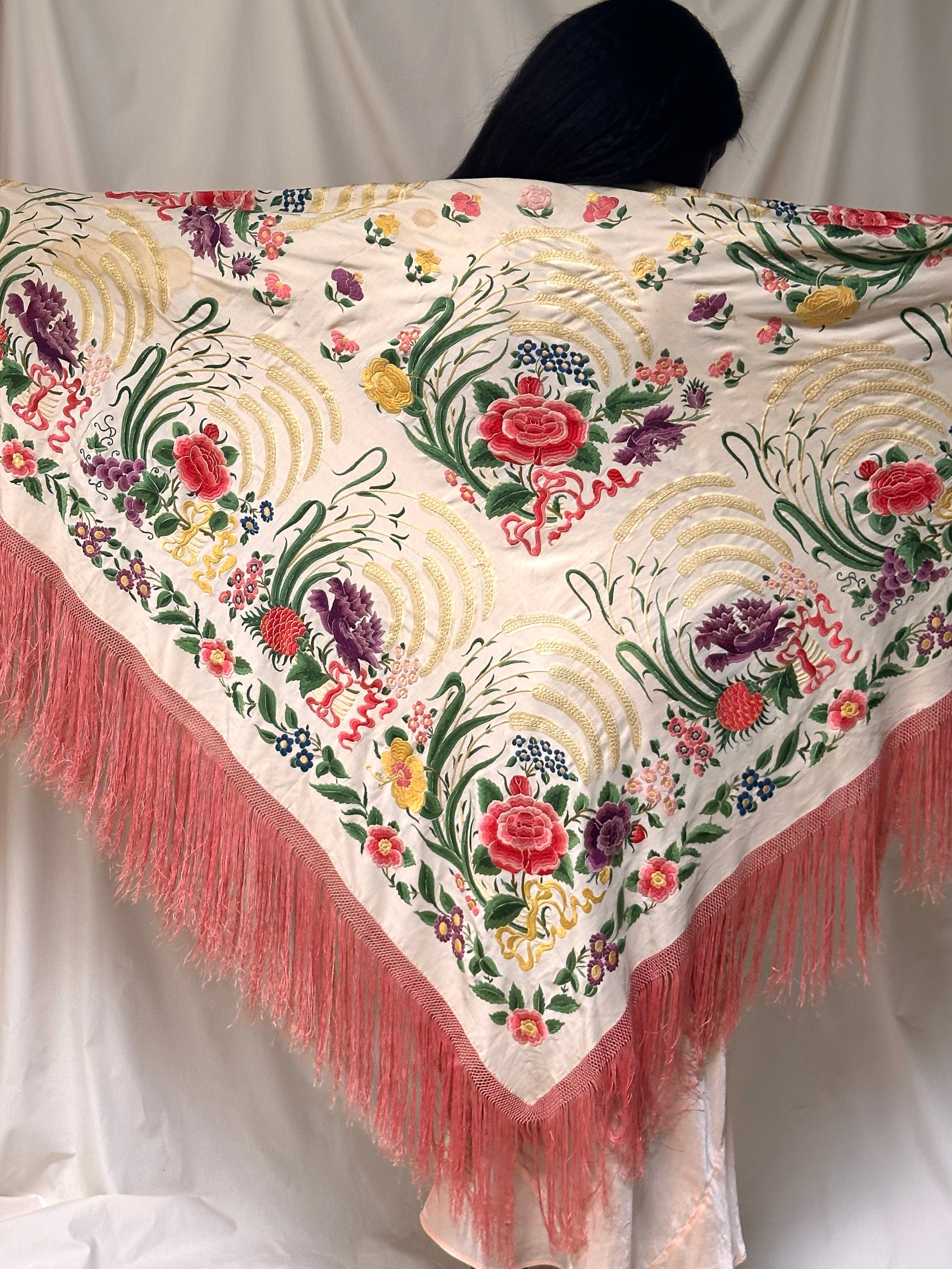 Vintage 1920’s Manton De Manila Silk Embroidered Double-Sided Piano Shawl ///SOLD///