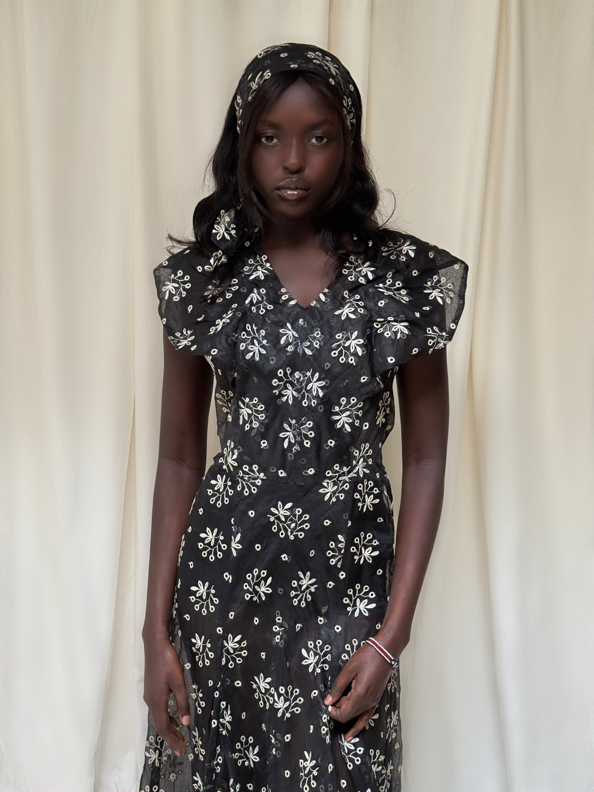 Vintage 1930’s Black & Creme Organza Eyelet Dress