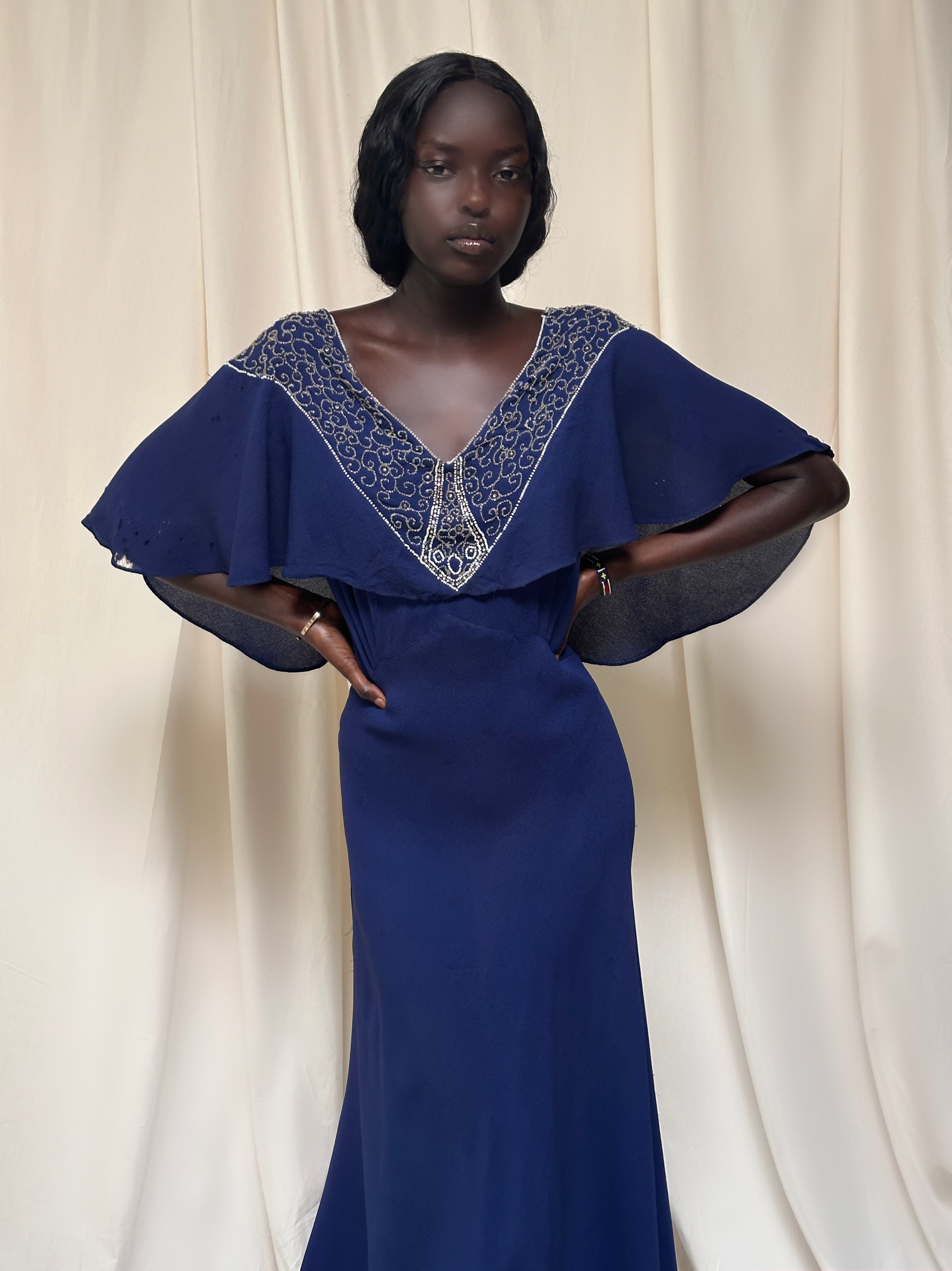 Vintage 1940s Beaded Navy Crepe Gown | Old Hollywood Evening Bias Cut   Afterlife Boutique