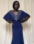Vintage 1940s Beaded Navy Crepe Gown | Old Hollywood Evening Bias Cut Dress