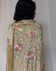 Vintage 1920’s Manton De Manila Silk Embroidered Long Fringe Piano Shawl | Romantic Floral Pastel