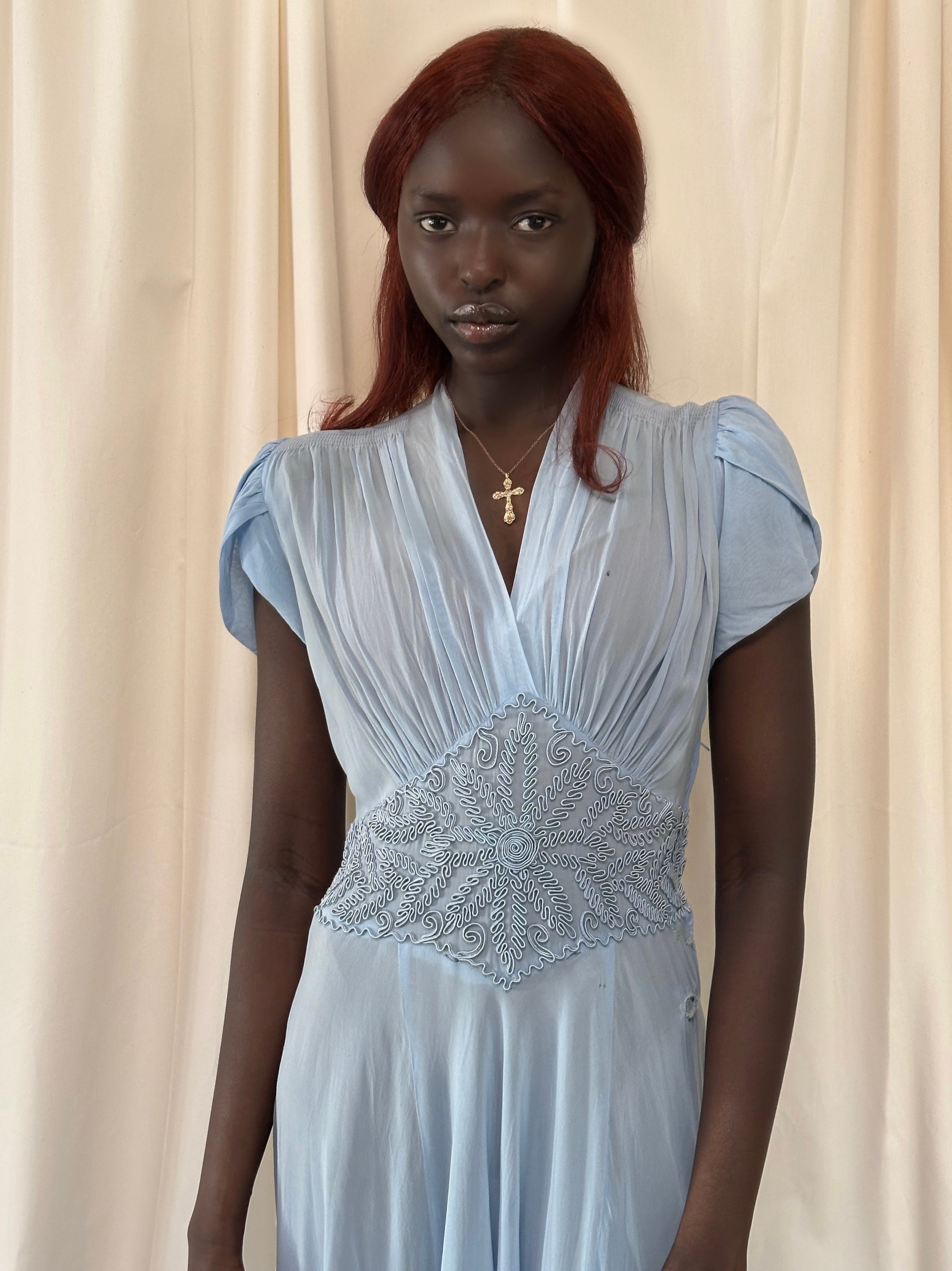 Vintage 1930’s Blue Soutache Sheer Chiffon Dress